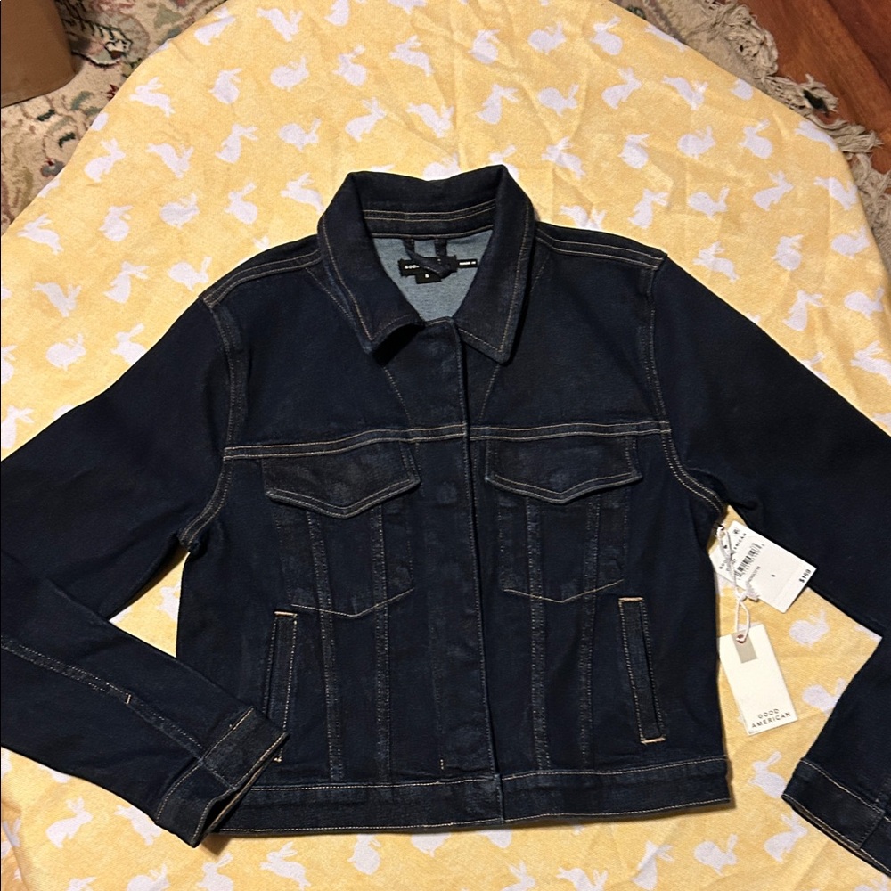 Good American Dark Indigo Denim Trucker Jean Jacket $169 Coat NWT back-to-school